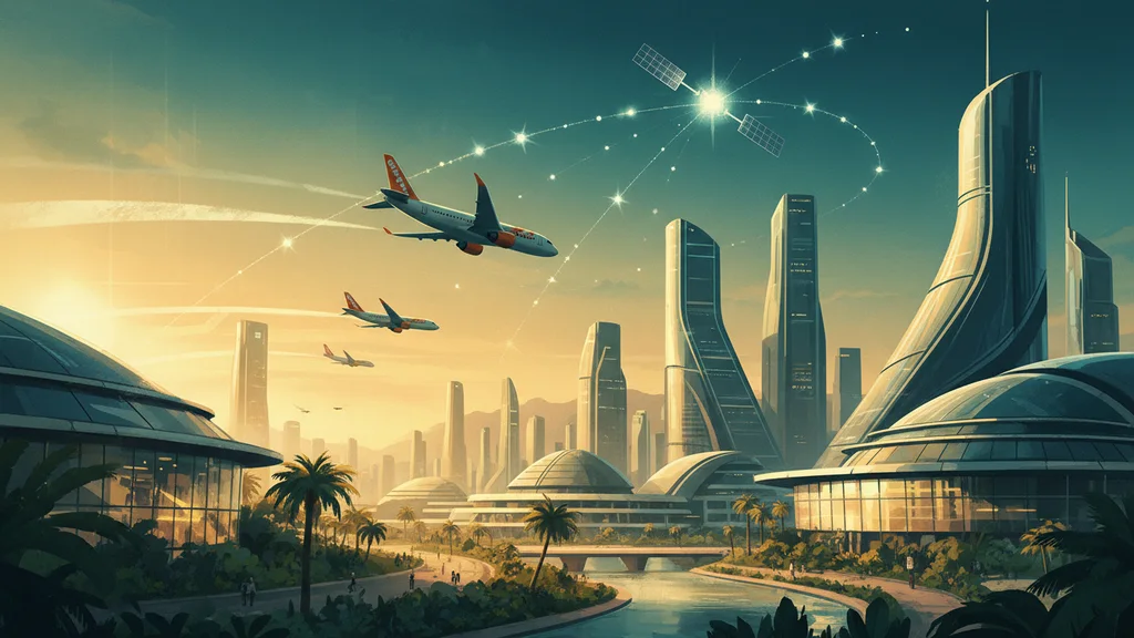 Original AI-generated travel illustration for: easyJet to introduce Starlink Wi-Fi across its fleet from 2027