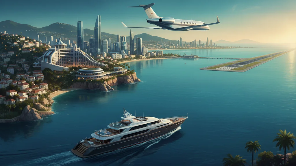Original AI-generated travel illustration for: FGI Yacht Group and flyExclusive partner to connect private aviation and yachting