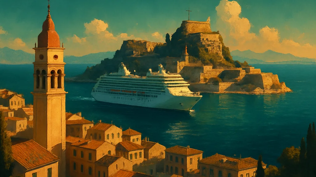 Original AI-generated travel illustration for: MSC Group outlines cruise tourism priorities in Corfu