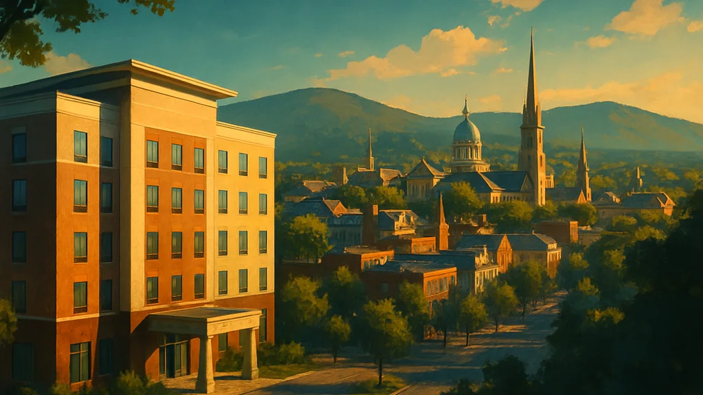 Original AI-generated travel illustration for: Shaner Hotels opens TownePlace Suites in State College, Pennsylvania