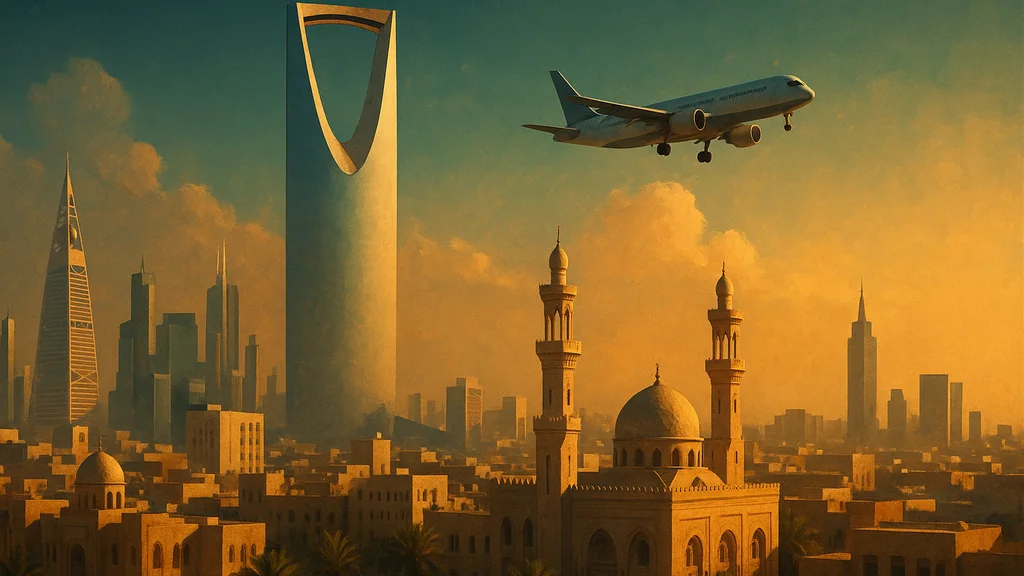 Original AI-generated travel illustration for: Third of Saudi Flights Canceled As High Profile Events Postponed