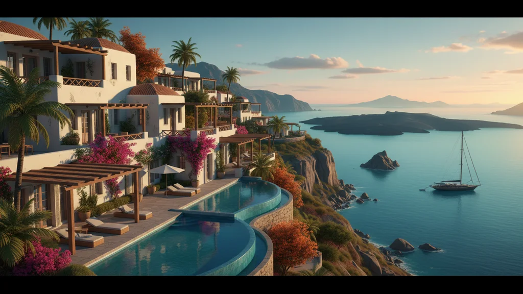 Original AI-generated travel illustration for: Mandarin Oriental Exceptional Homes expands across three Greek islands