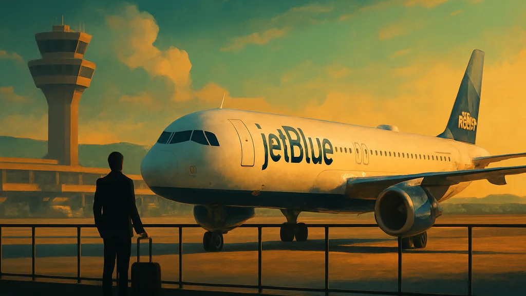 Original AI-generated travel illustration for: JetBlue Will Offer Unlimited Free First Class Upgrades To Mosaic Elites