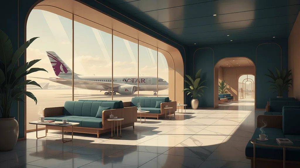 Original AI-generated travel illustration for: New Qatar Airways Qsuite Next Gen Business Class Launching Mid-2027, But Not As Planned