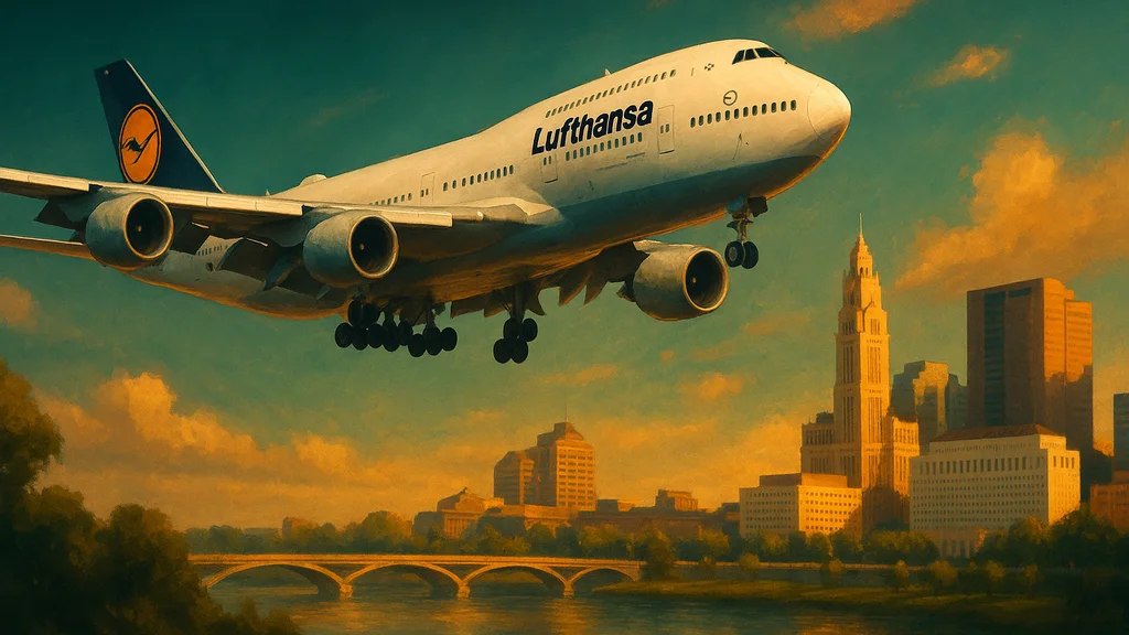 Original AI-generated travel illustration for: Lufthansa Will Fly To Columbus, Ohio, Thanks To $46.9 Million Revenue Guarantee Program