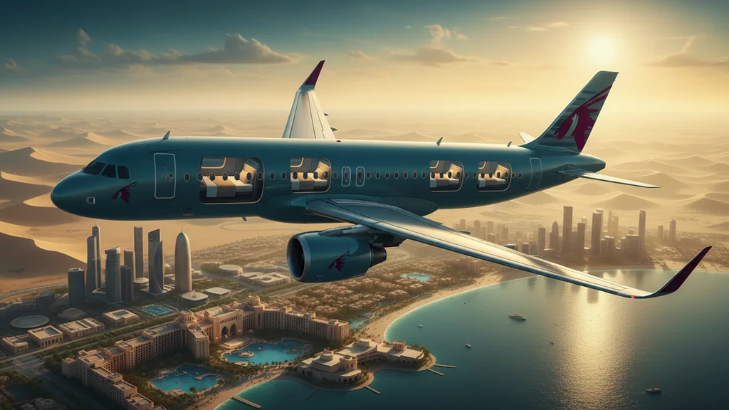 Original AI-generated travel illustration for: Qatar Airways Airbus A321LRs With Flat Bed Business Class Launching Soon