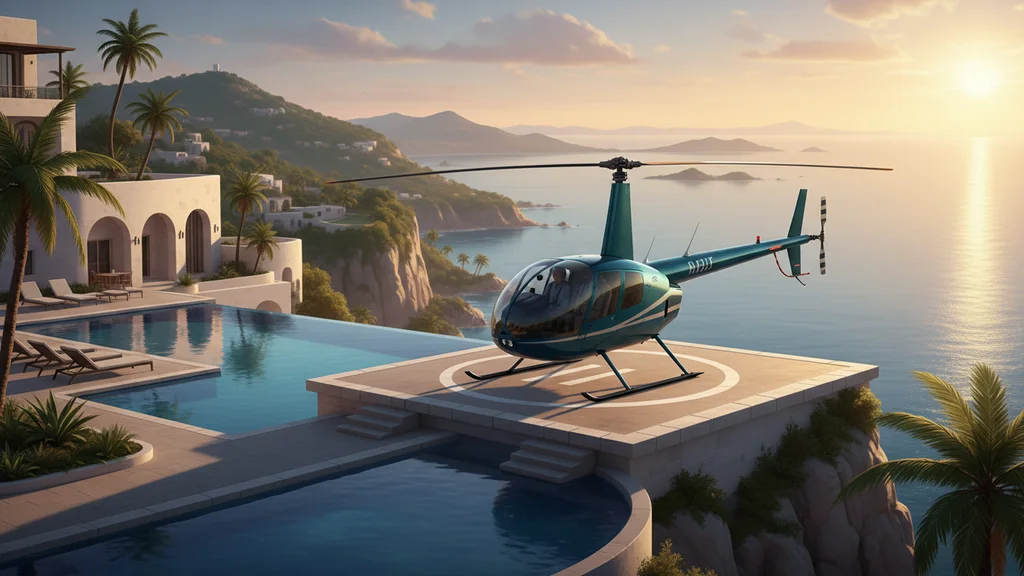 Original AI-generated travel illustration for: Anniversary Statement: Robinson R44 II, G-CFNF