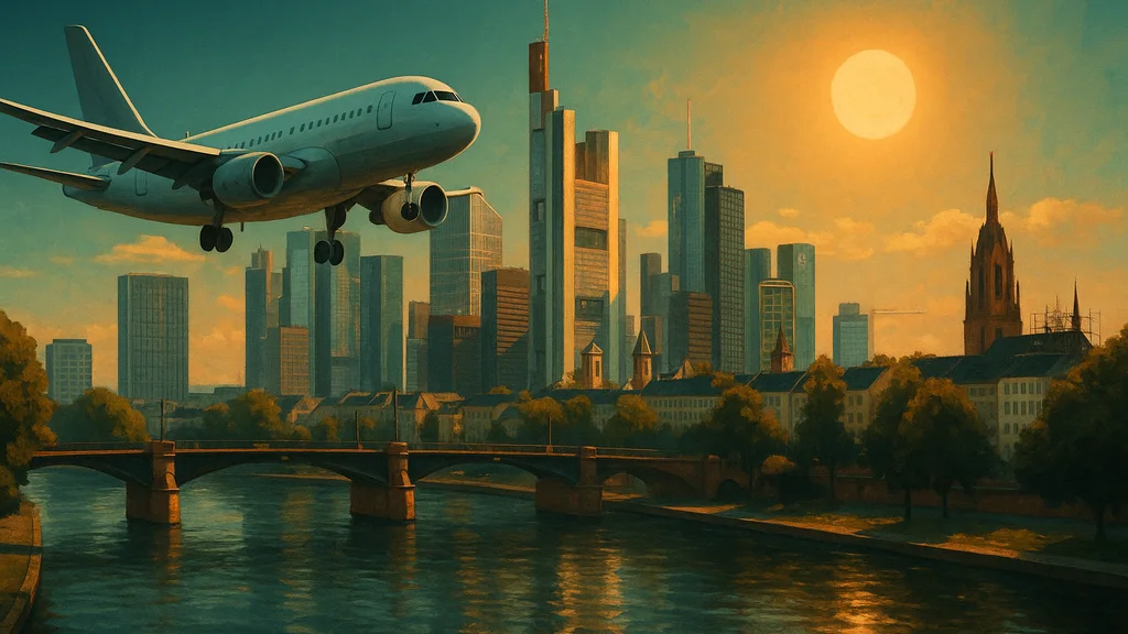Original AI-generated travel illustration for: Routes World 2026 brings global aviation leaders to Frankfurt to shape future connectivity