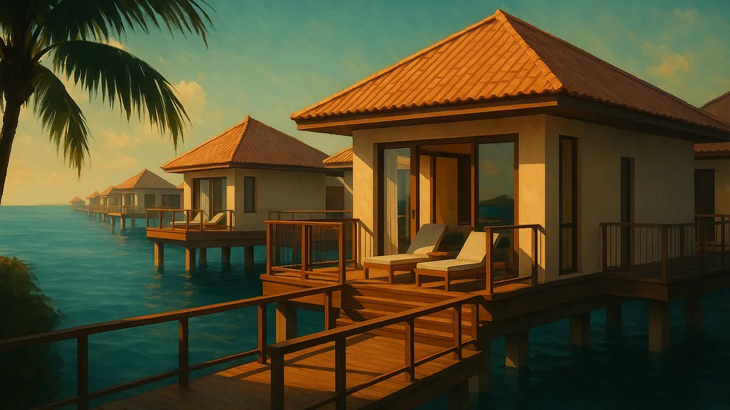 Original AI-generated travel illustration for: Rixos Murjana opens adults-only overwater villas