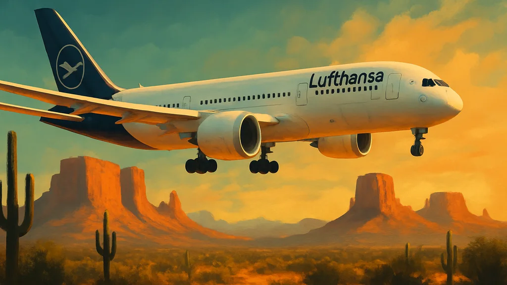 Original AI-generated travel illustration for: Lufthansa Adds Munich To Phoenix Flights, The First Lufthansa Group Route To Arizona