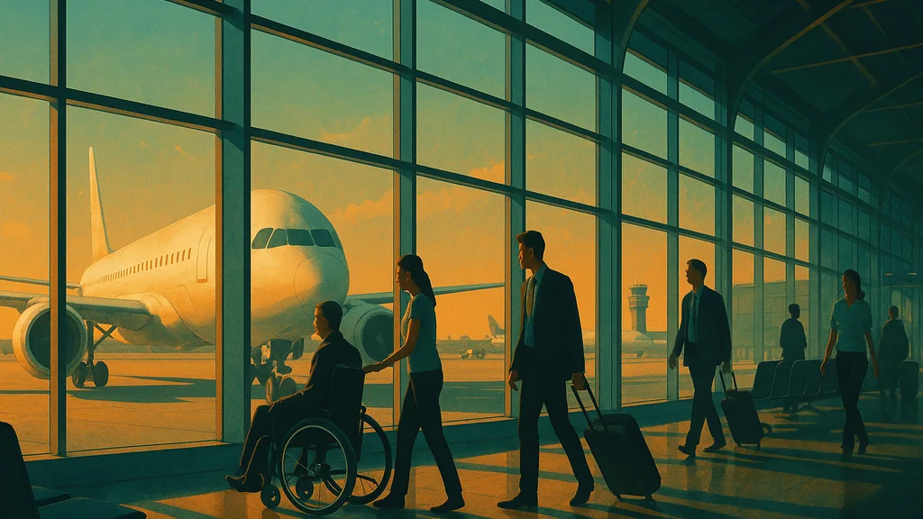 Original AI-generated travel illustration for: Stronger safeguards for wheelchair users and better-trained staff to support disabled air passengers