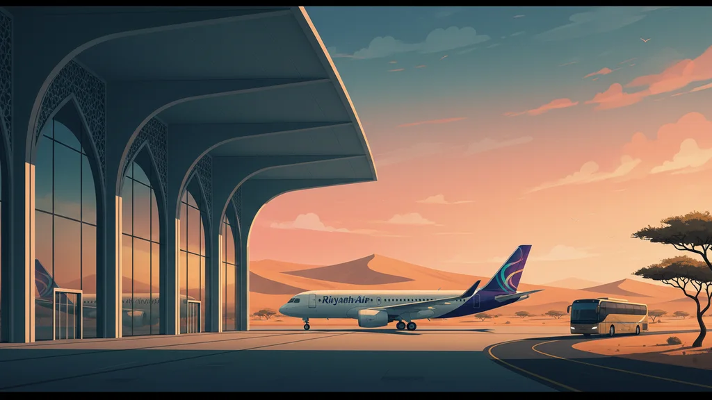 Original AI-generated travel illustration for: Riyadh Air Moves Flights To Al Qassim Airport, A 4.5-Hour Bus Ride From Riyadh