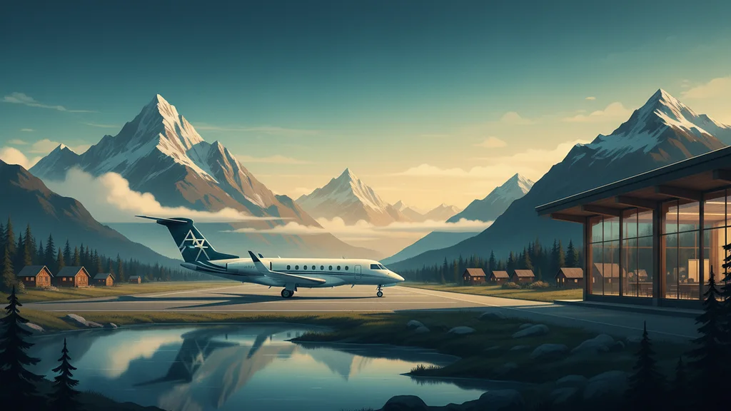 Original AI-generated travel illustration for: Alaska Atmos Rewards Business Card Review: 70K Points & $99 Companion Fare