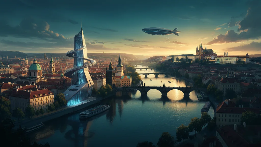 Original AI-generated travel illustration for: Dan Brown Visits Prague’s Signal Space and Spots a Thriller Setting