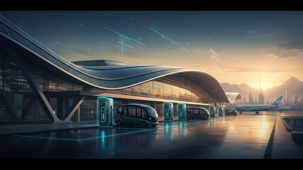 Original AI-generated travel illustration for: Public electric vehicle charge points: cyber security