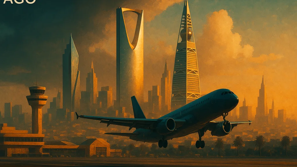 Original AI-generated travel illustration for: Riyadh Airport disruption continues as airlines extend flight cancellations