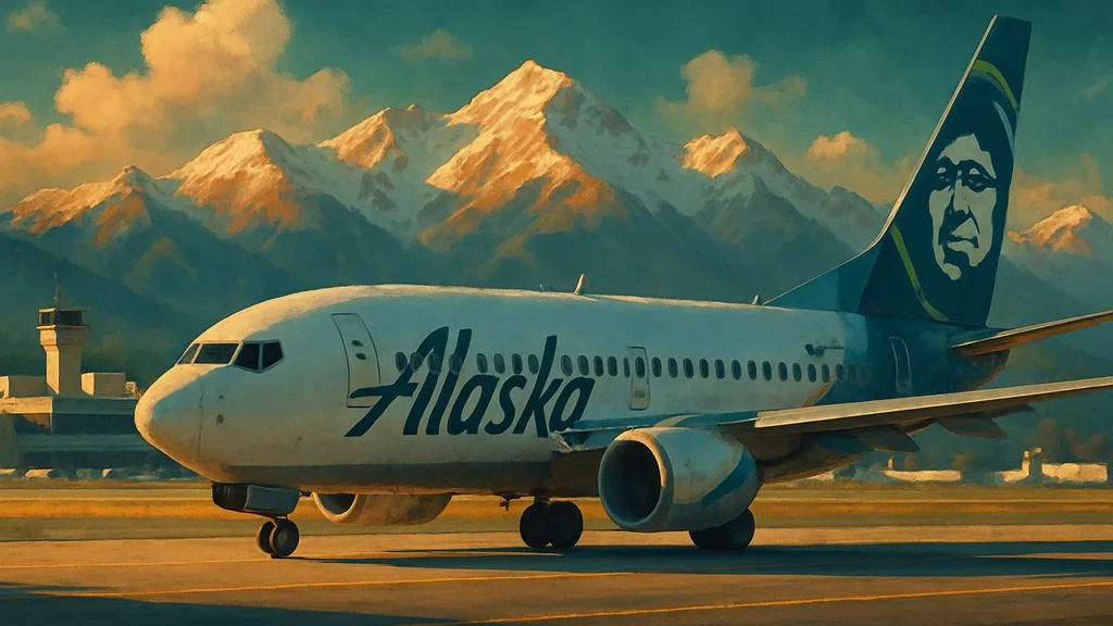 Original AI-generated travel illustration for: Alaska Atmos Rewards Ascent Card Bonus: 80K Points & $99 Companion Fare